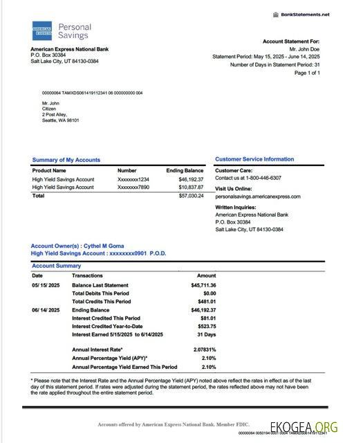 Modèle Word et PDF de relevé de compte American Express National Bank des États Unis